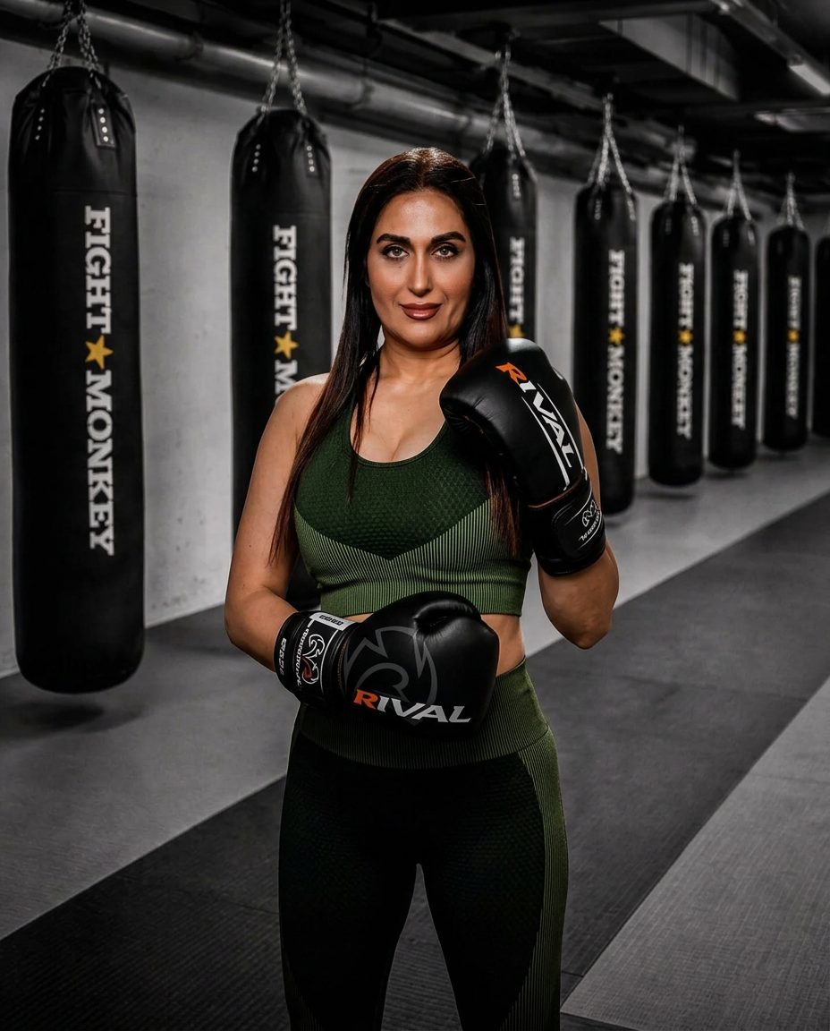 Rozita, Boxing Coach at DKM Academy, standing on the mat in front of the heavy bags