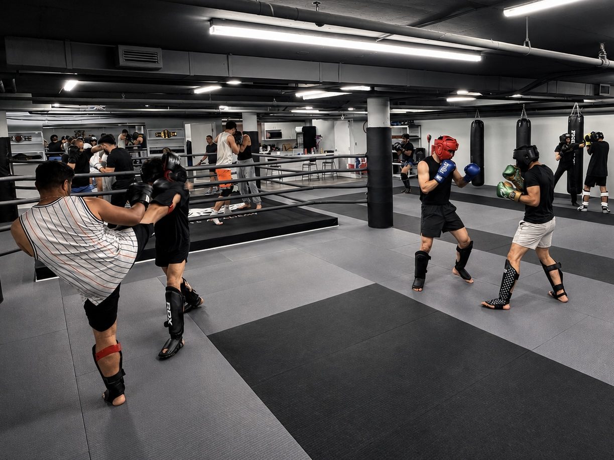 DKM Academy training floor with fighters sparring in the ring and on the mats