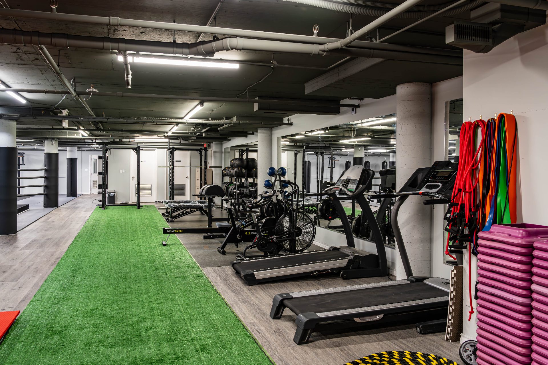 Assault bike, rowing machine, squat rack and treadmills along the conditioning lane