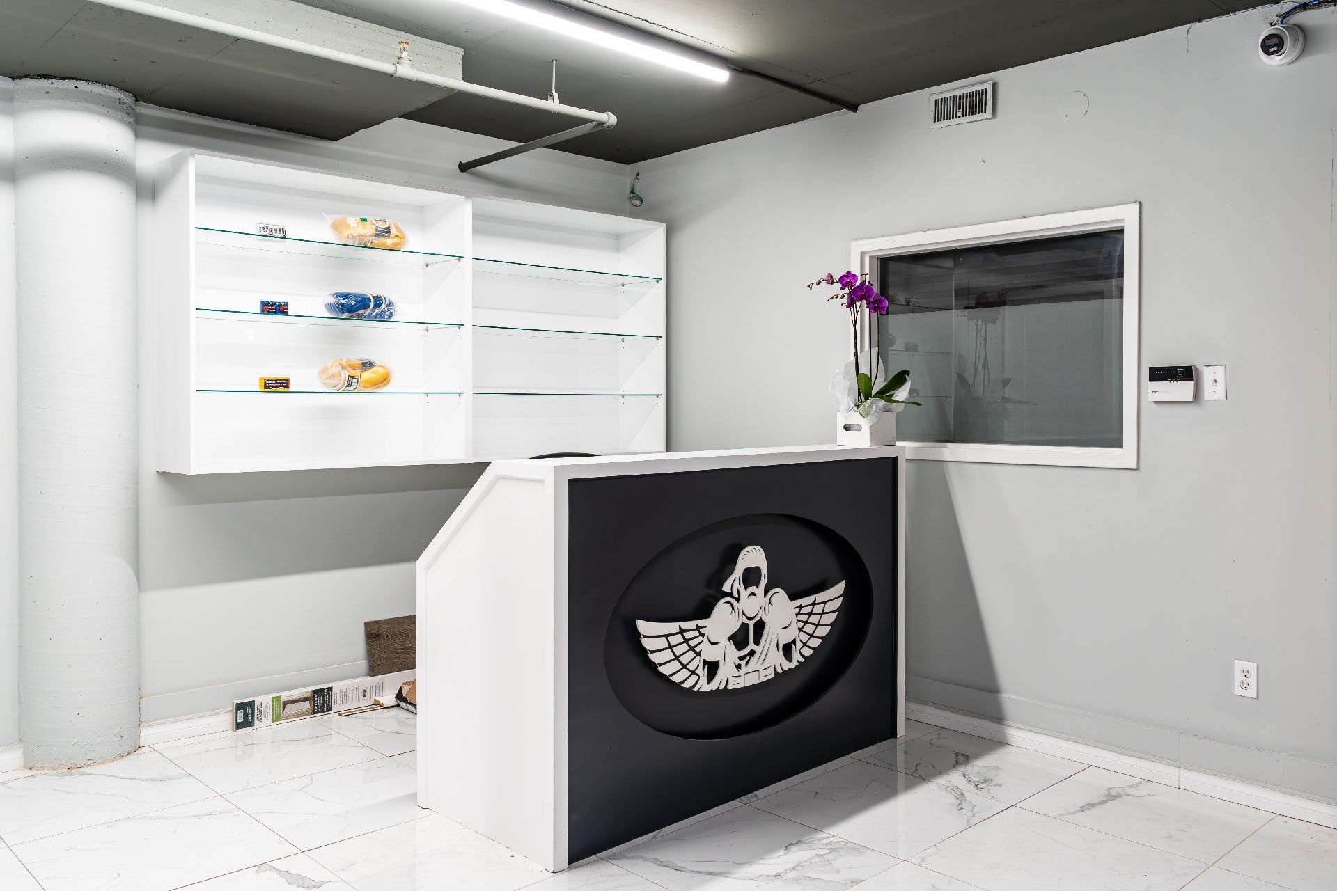 Front reception desk with DKM winged crest and supplement display
