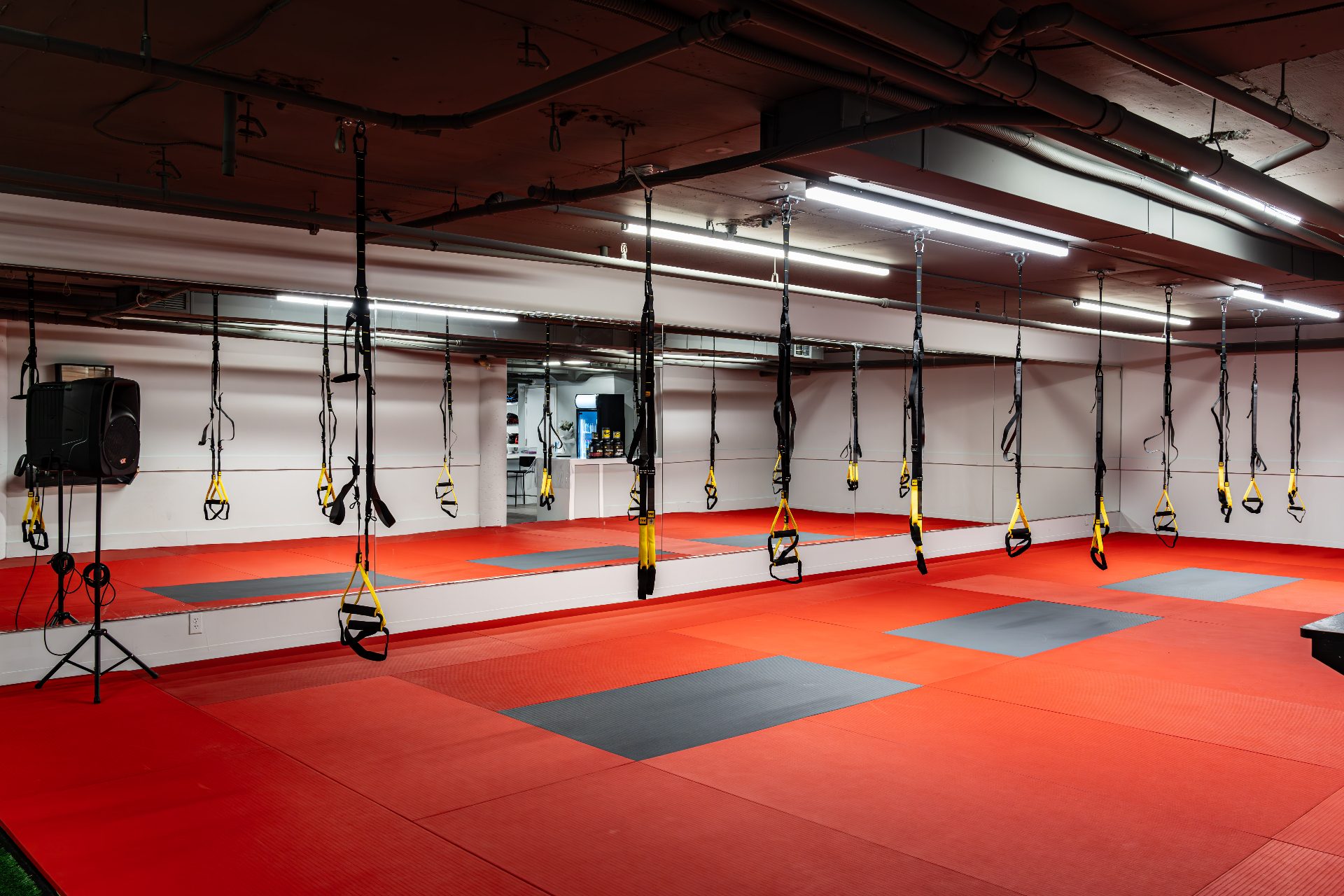 Wide view of the red-floor TRX, Pilates and yoga studio