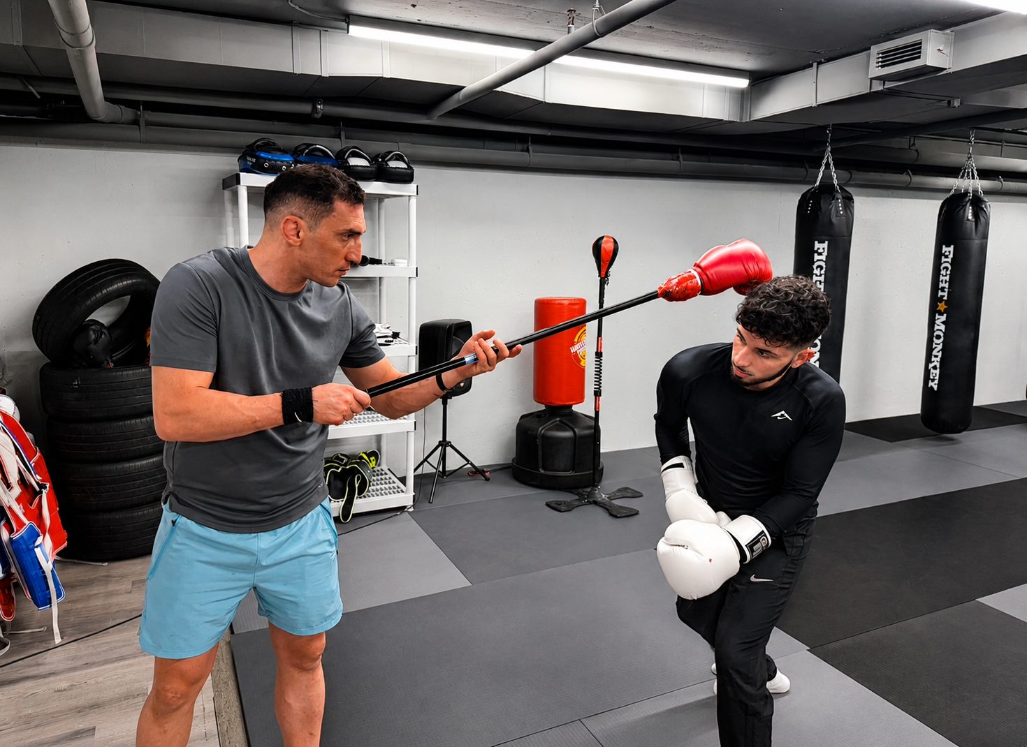 Head coach training a fighter with reaction stick drill