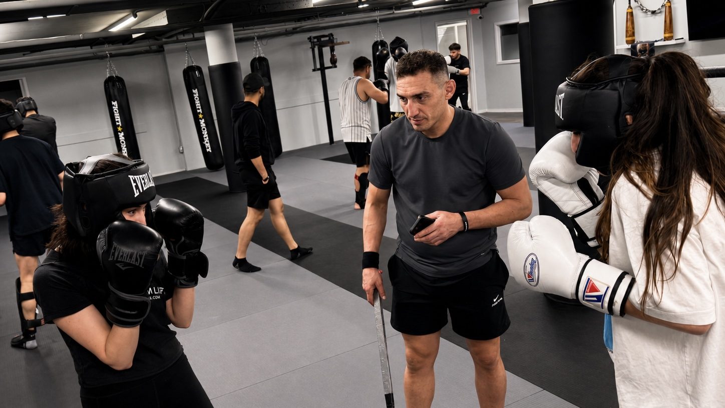 Coach Alireza instructing sparring partners on the DKM Academy training floor